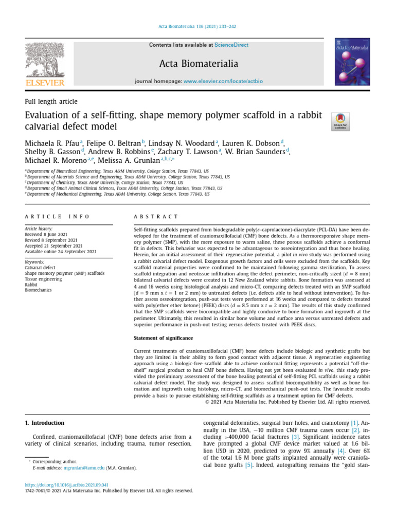 Evaluation of A Self-Fitting, Shape Memory Polymer Scaffold in A Rabbit ...