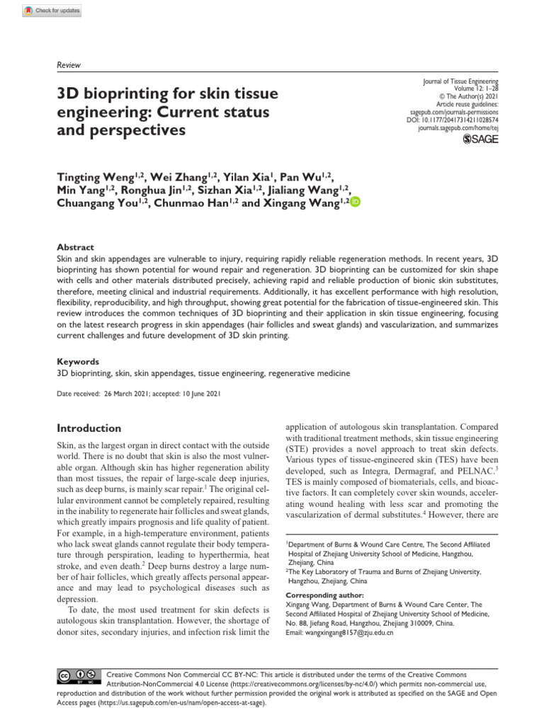 3D Bioprinting for Skin Tissue Engineering | PDF | Tissue Engineering ...