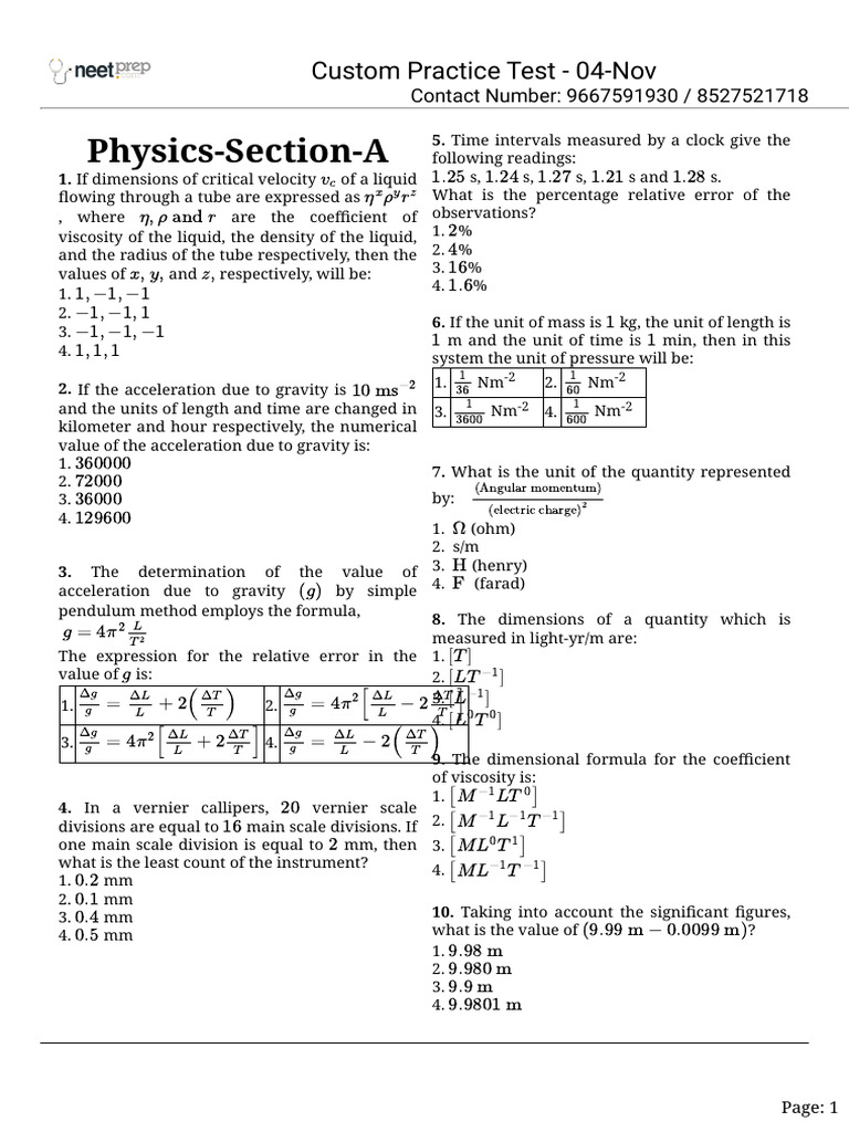 Physics Practice Test on Measurements | PDF | Mole (Unit) | Metrology