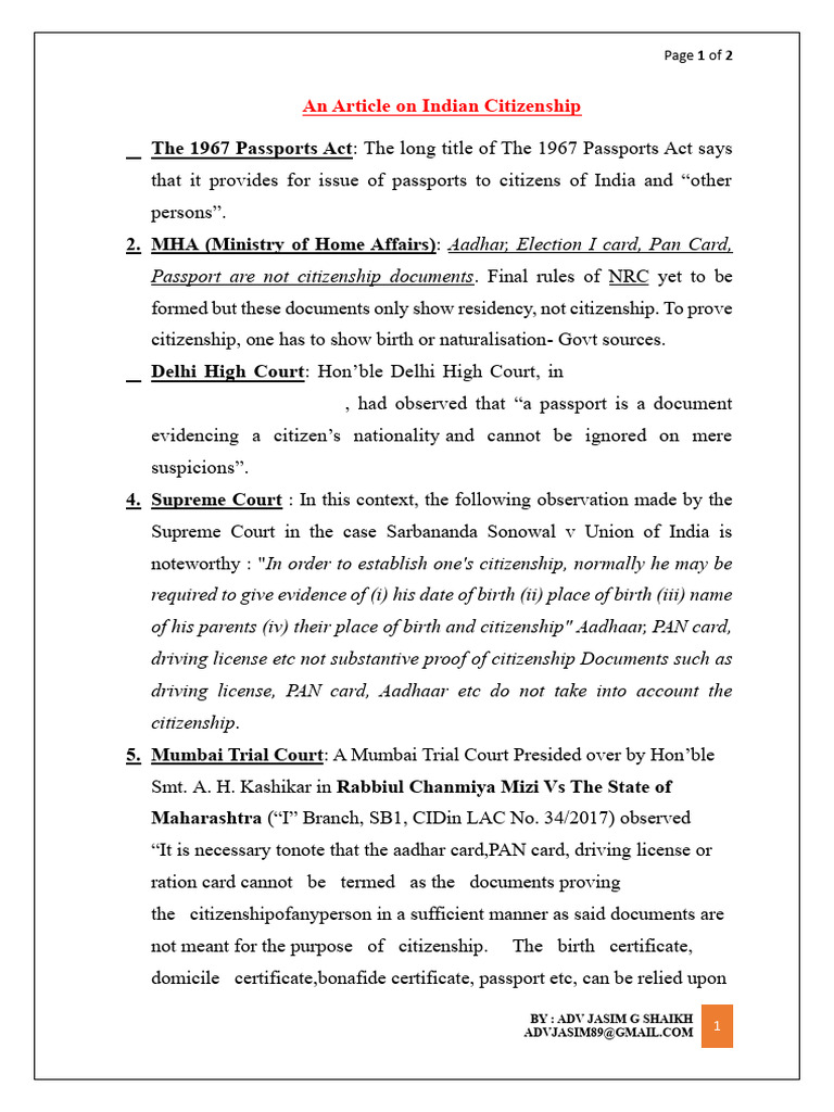 An Article On Indian Citizenship | PDF | Citizenship | Birth Certificate