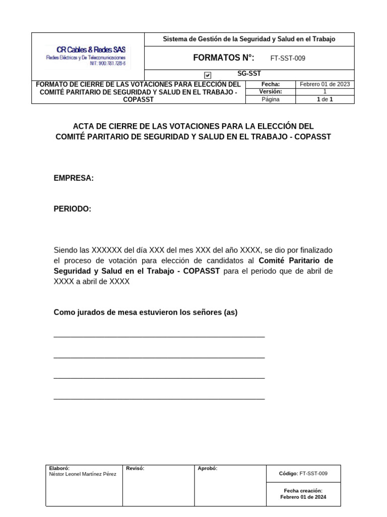 Acta de Cierre Elección COPASST | PDF