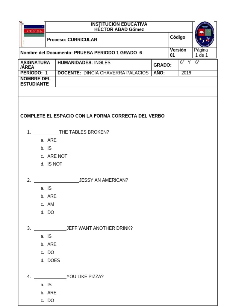 Prueba Grado 6 Periodo 1 Ingles 2019 | PDF