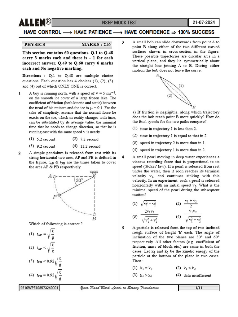 NSEP Mock Test Physics Questions | PDF | Force | Rotation Around A ...