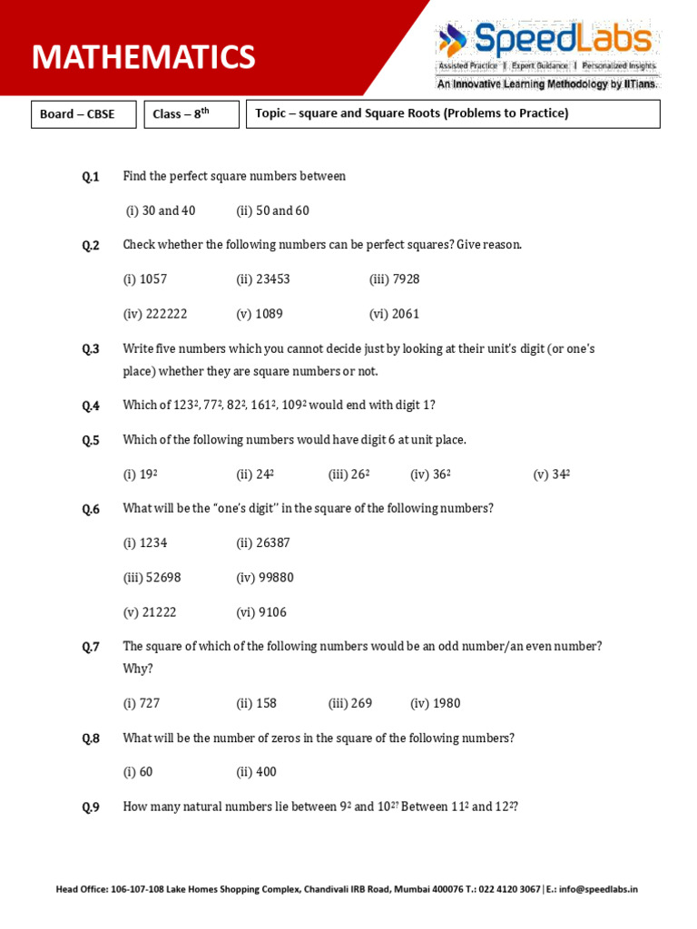 Square and Square Root Practice Questions | PDF | Numbers ...