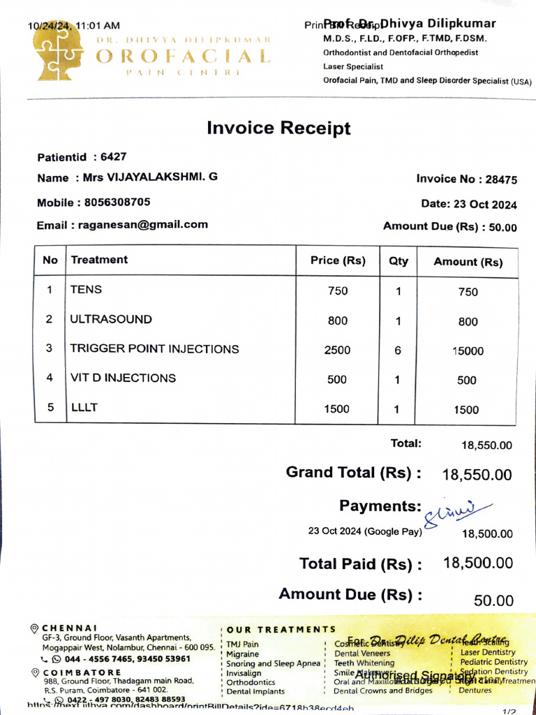 Invoice for Dental Treatments in Chennai | PDF | Dentistry | Orthodontics