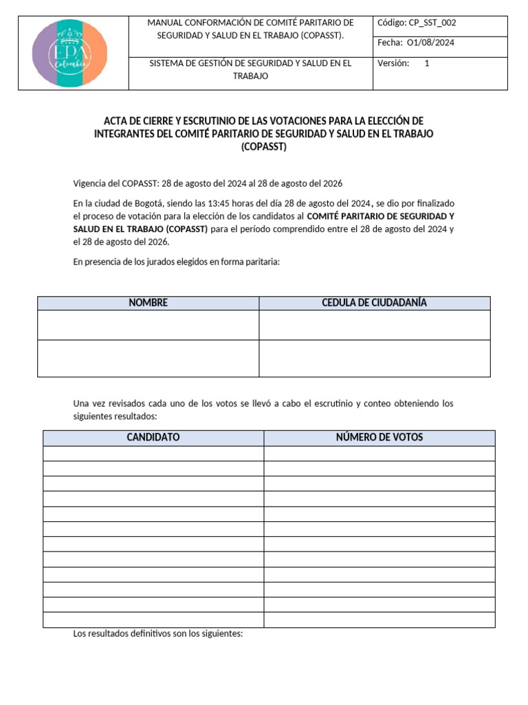 Acta de Cierre y Escrutinio de Las Votaciones Copasst | PDF