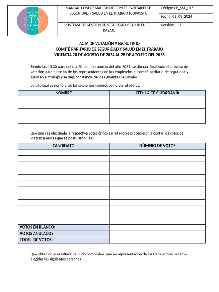 Acta de Elecciones COPASST 2024 | PDF