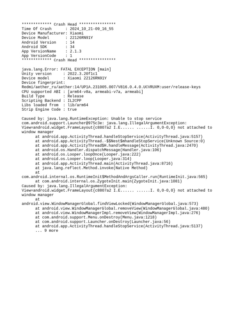 Xiaomi Crash Report: Unity Error 2024 | PDF