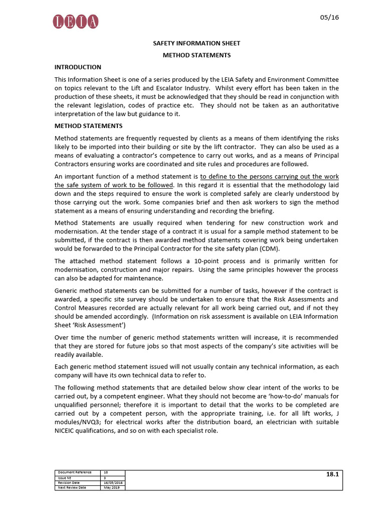 Lift Method Statement Guidelines | PDF | Elevator | Personal Protective ...