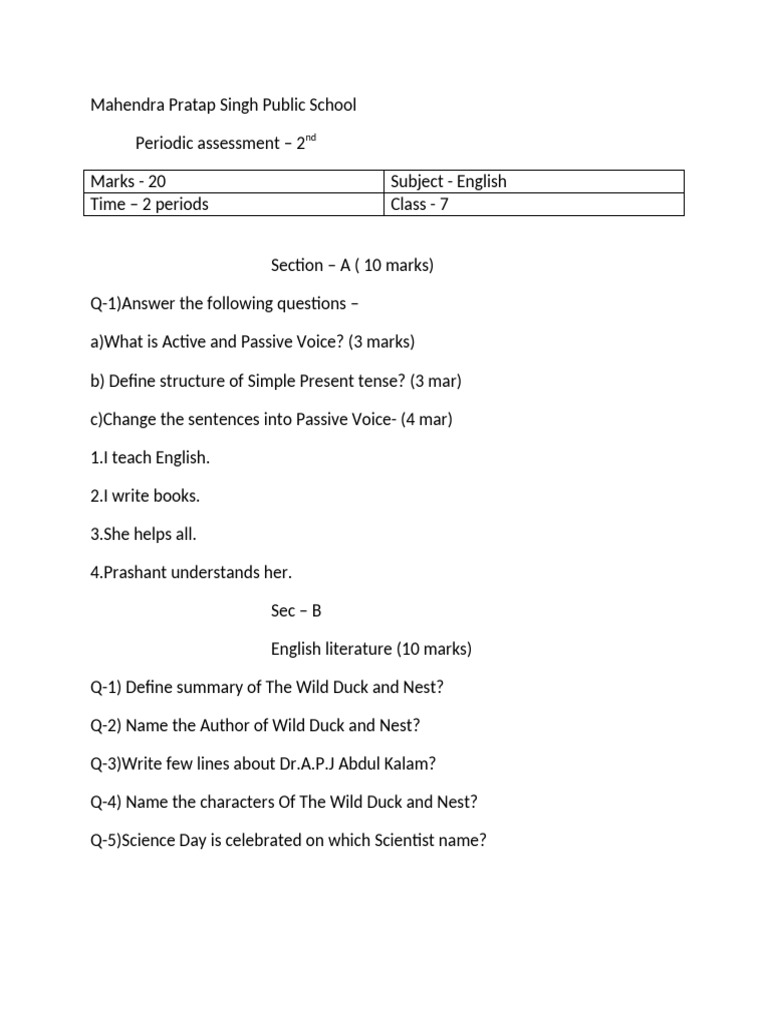 Class 7 English Assessment Paper | PDF