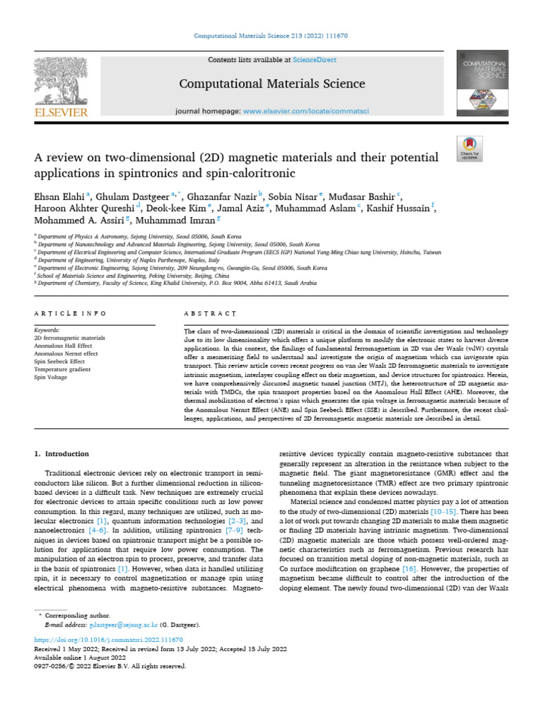 2D Magnetic Materials for Spintronics | PDF | Ferromagnetism | Magnetism