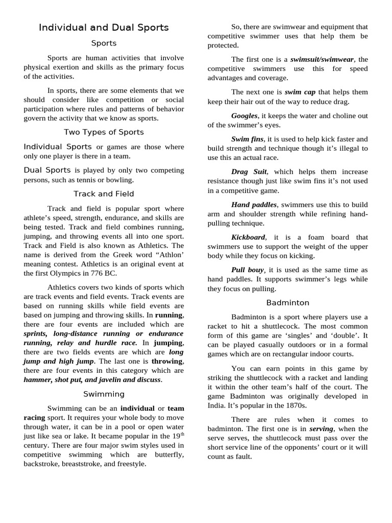 Individual vs. Dual Sports Overview | PDF | Table Tennis | Track And Field