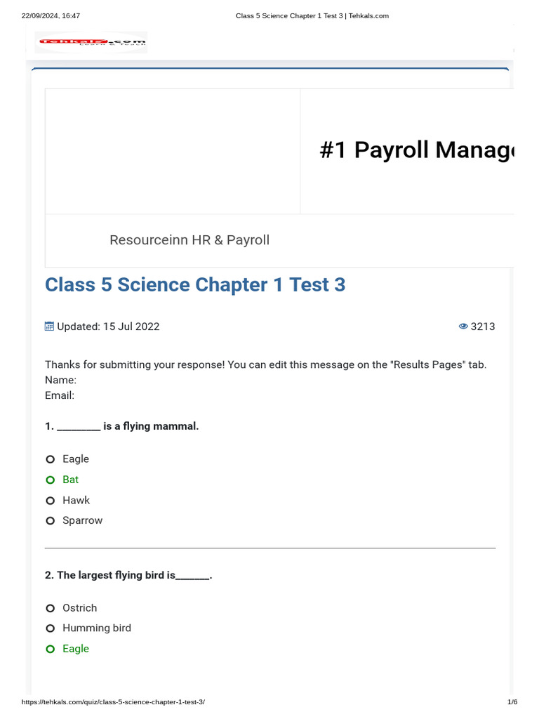 Class 5 Science Chapter 1 Quiz | PDF | Birds | Mammals