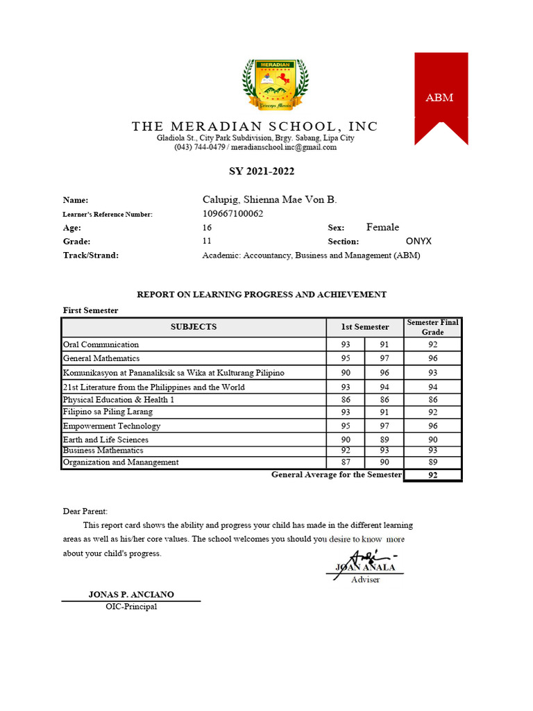11th Grade ABM Report Card Summary | PDF