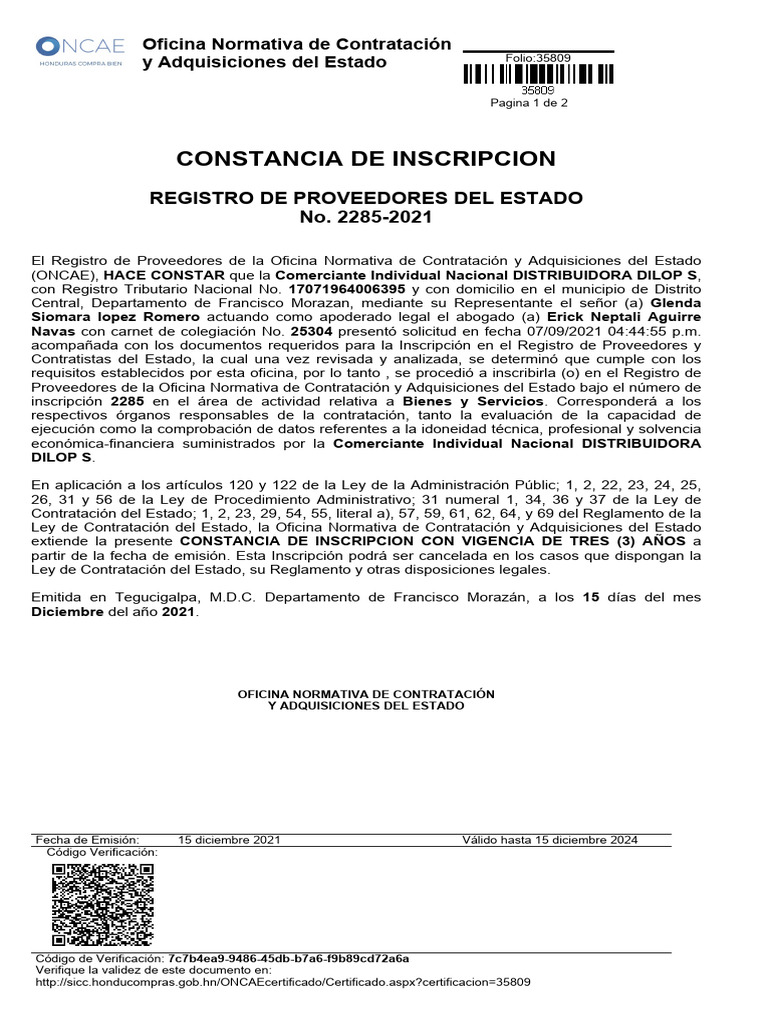 Inscripción de Distribuidora DILOP S. | PDF