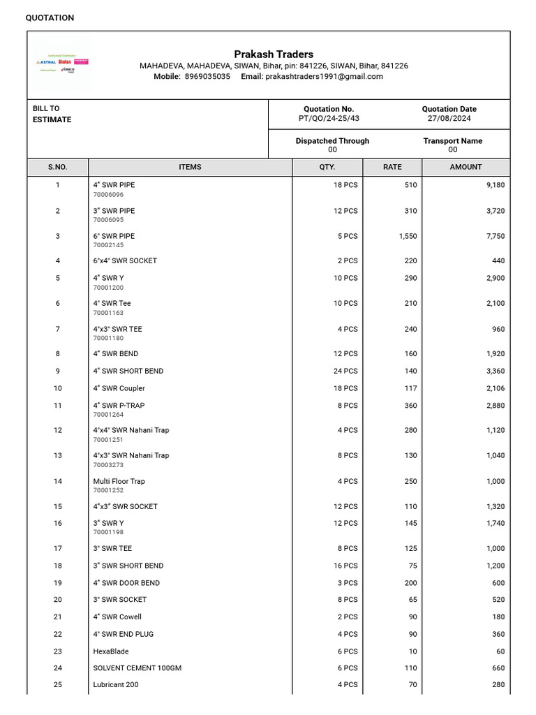 Estimate Quotation PT QO 24 25 43 | PDF | Payments