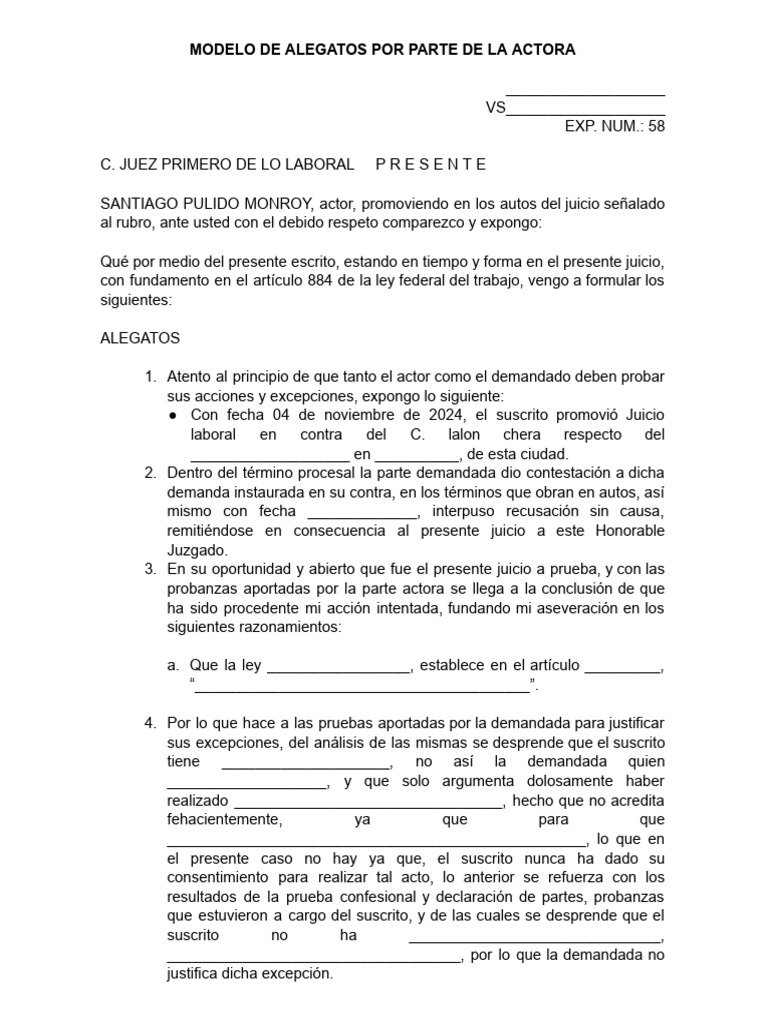 Alegatos en Juicio Laboral: Modelo | PDF | Justicia | Crimen y violencia