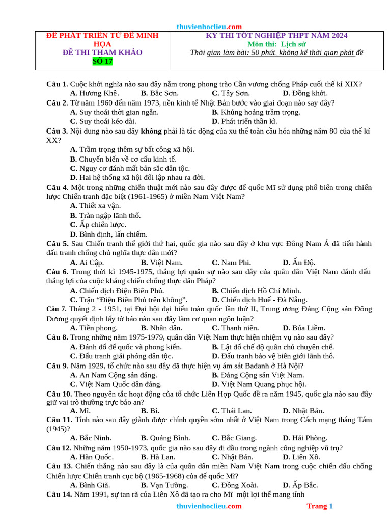 De Thi Thu TN THPT 2024 Lich Su Phat Trien Tu de Minh Hoa de 17 | PDF