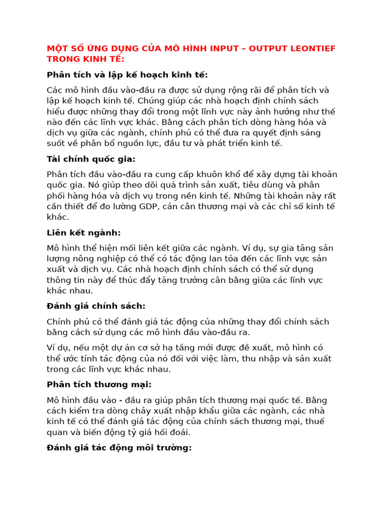 MỘT SỐ ỨNG DỤNG CỦA MÔ HÌNH INPUT-OUTPUT | PDF