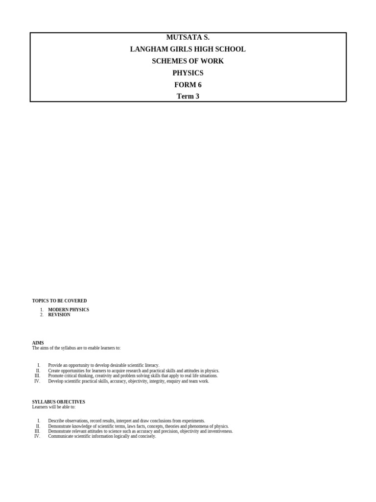 Form 6 Physics Term 3 Syllabus | PDF | Physics | Photoelectric Effect