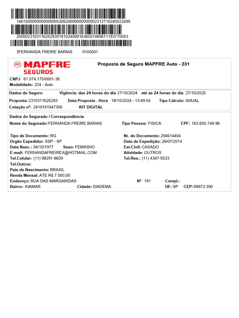 Proposta de Seguro Auto MAPFRE 2024 | PDF | Seguro | Cartão de crédito
