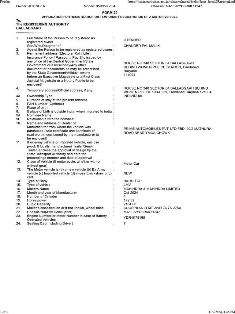 Jitender, Form 20 | PDF | Semi Trailer Truck | Axle