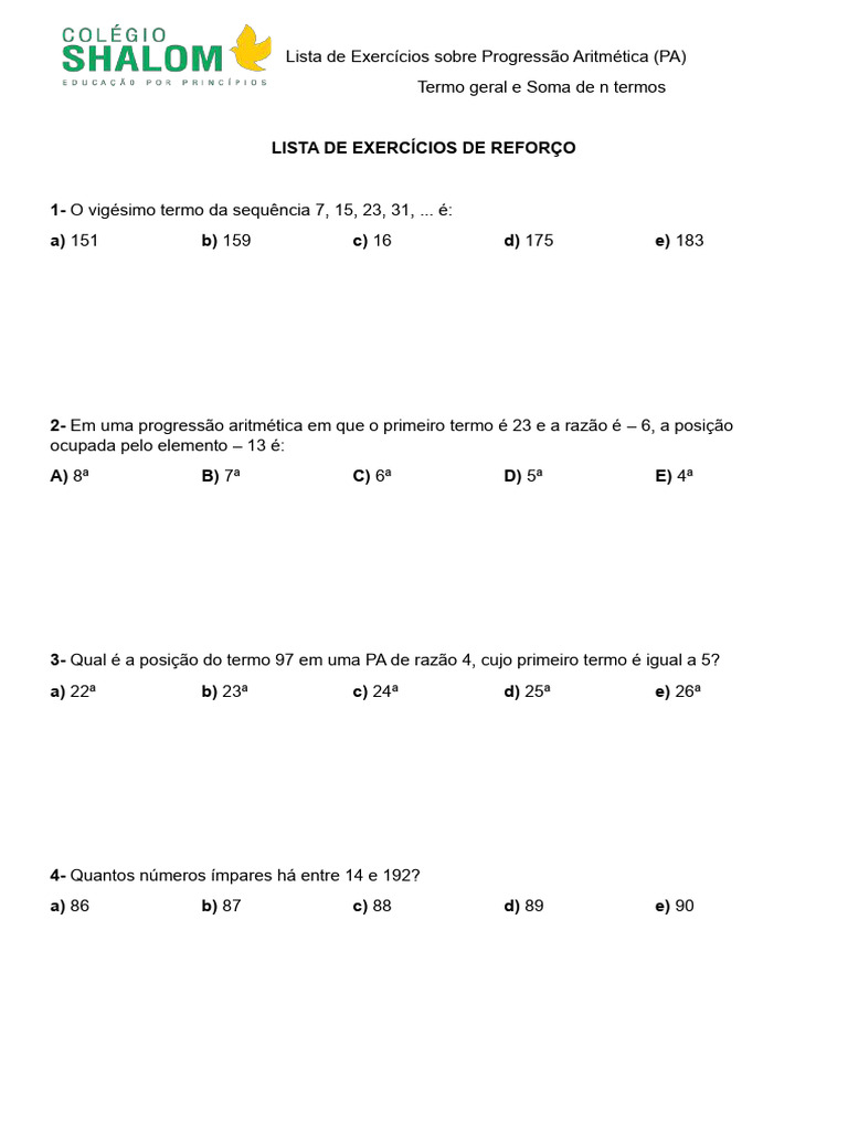 Exercícios sobre Progressão Aritmética PA | PDF | Sequência