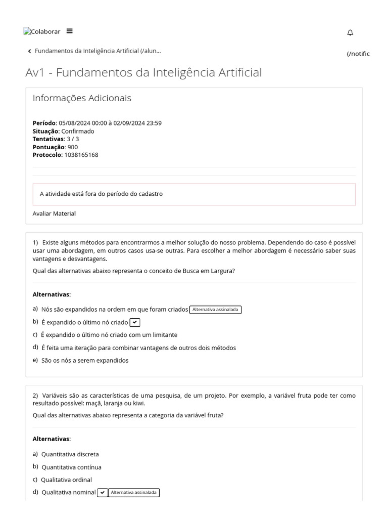 Av1 - Fundamentos Da Inteligência Artificial | PDF | Inteligência ...