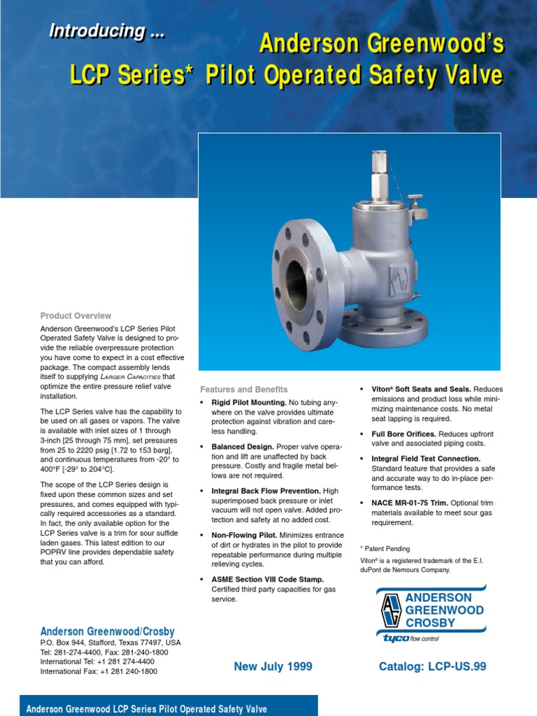 Anderson Greenwood's LCP Series Pilot Operated Safety Valve PDF Valve Pressure