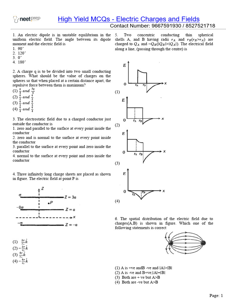 Electric Charges and Fields MCQs | PDF | Electric Field | Sphere