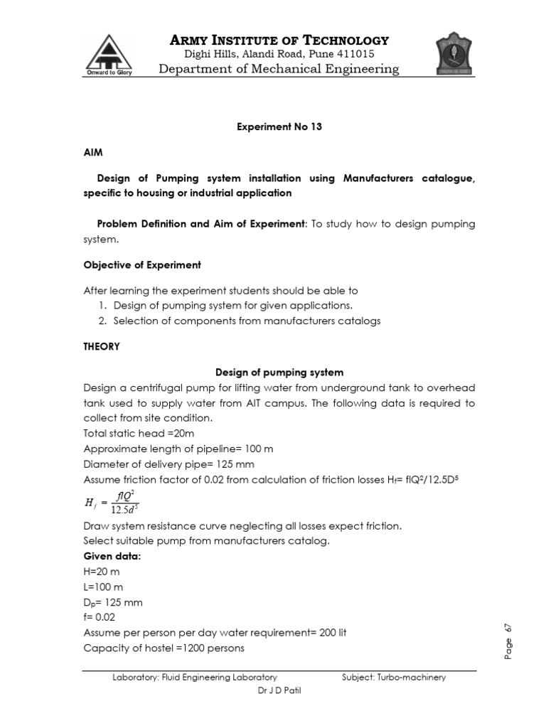 Expt 11 design of pumping system installation using manufacturers
