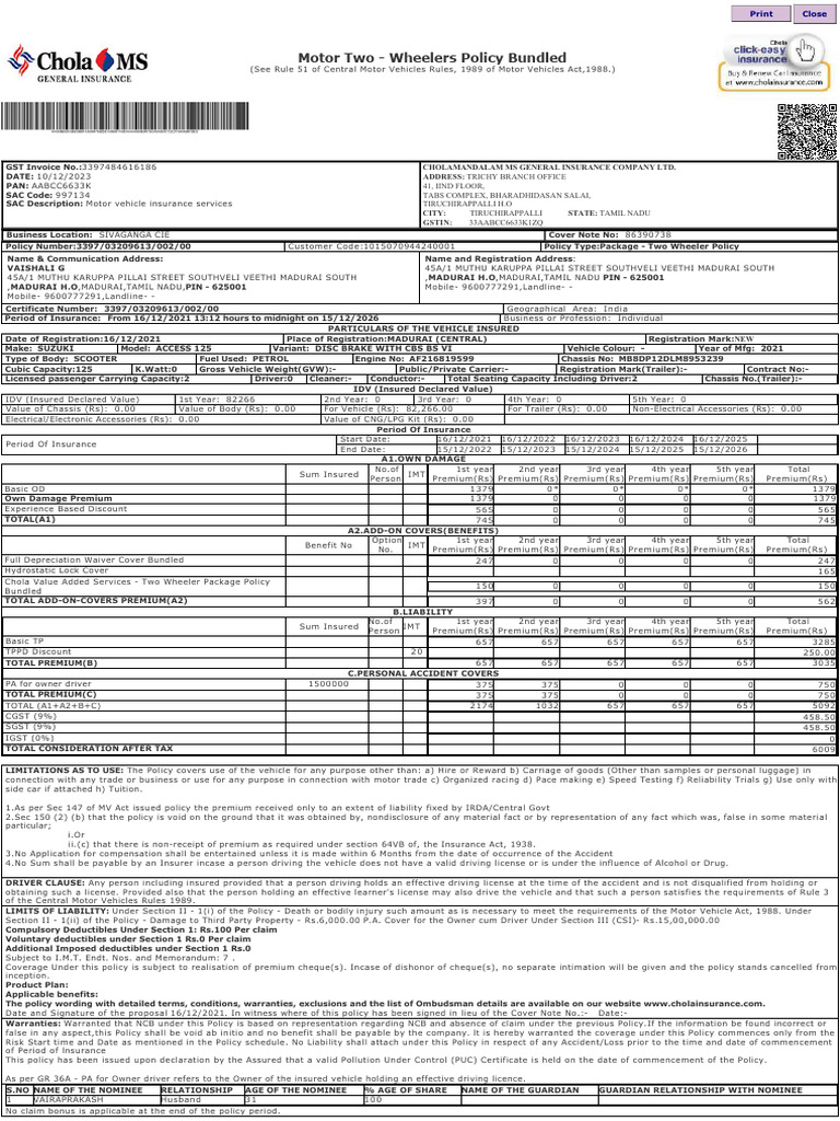 Chola Two-Wheeler Insurance Policy Details | PDF | Insurance | Deductible