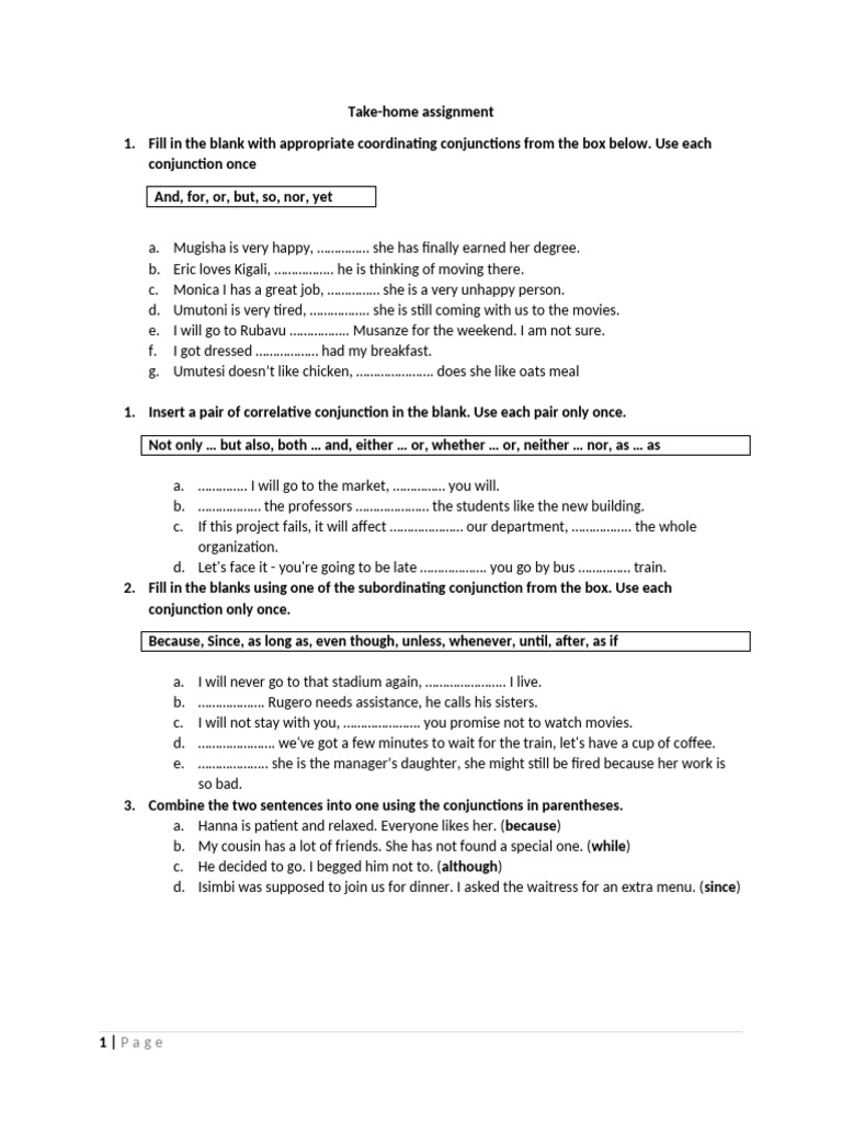 Conjunctions Practice Assignment | PDF
