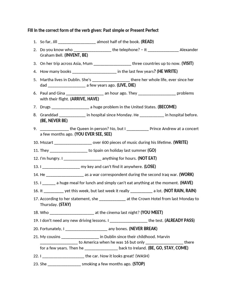 Past Simple vs Present Perfect Exercises | PDF