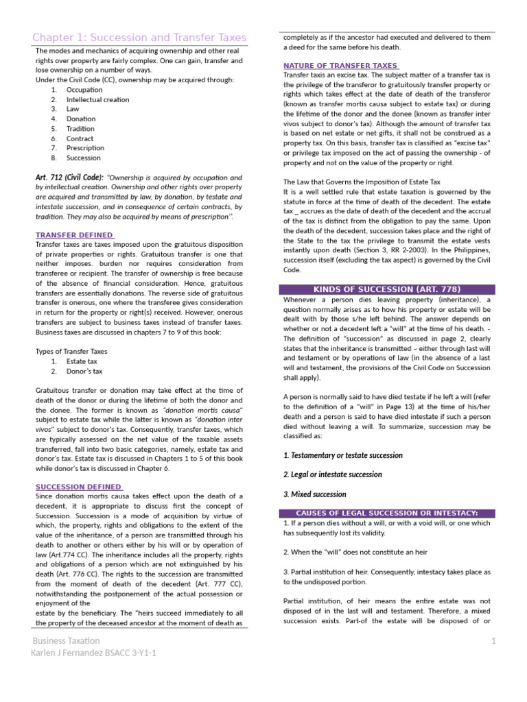 Transfer Tax - Chap 1 | PDF | Intestacy | Will And Testament