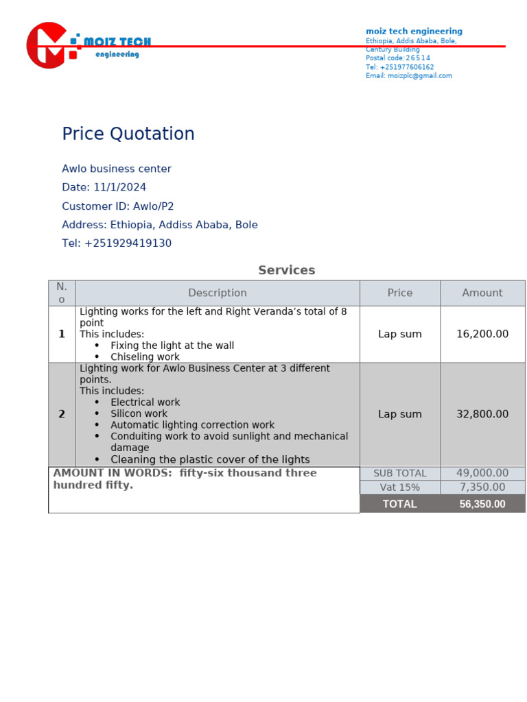 Moiz Tech Engineering Price Quotation | PDF