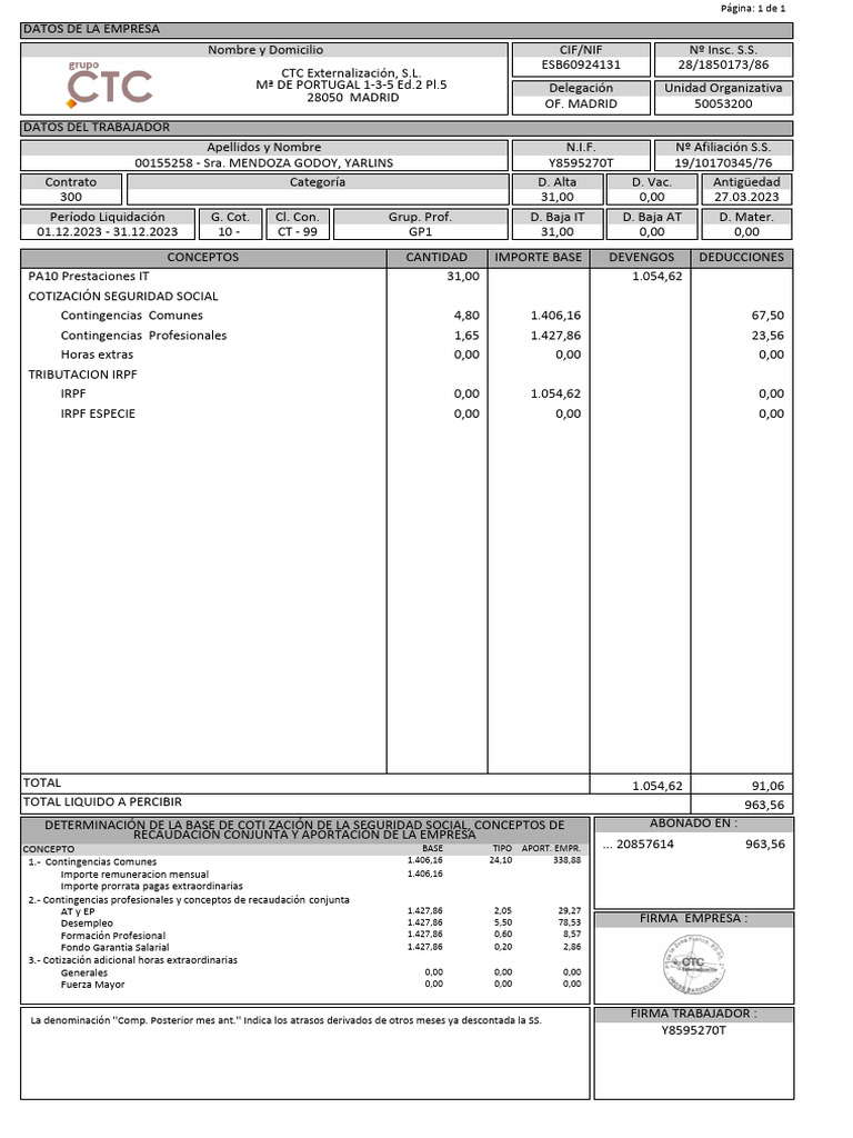 Recibo de Nómina Diciembre 2023 | PDF | Relaciones laborales | Las