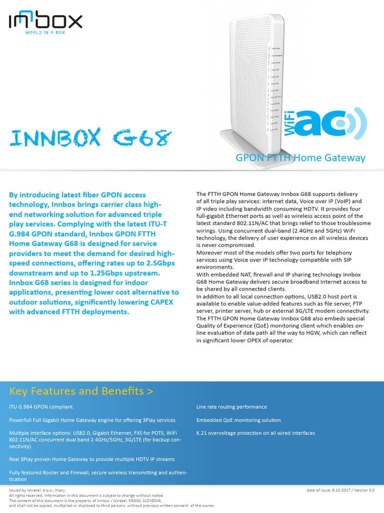 Iskratel Innbox G68 Datasheet EN | PDF | Fiber To The X | Voice Over Ip