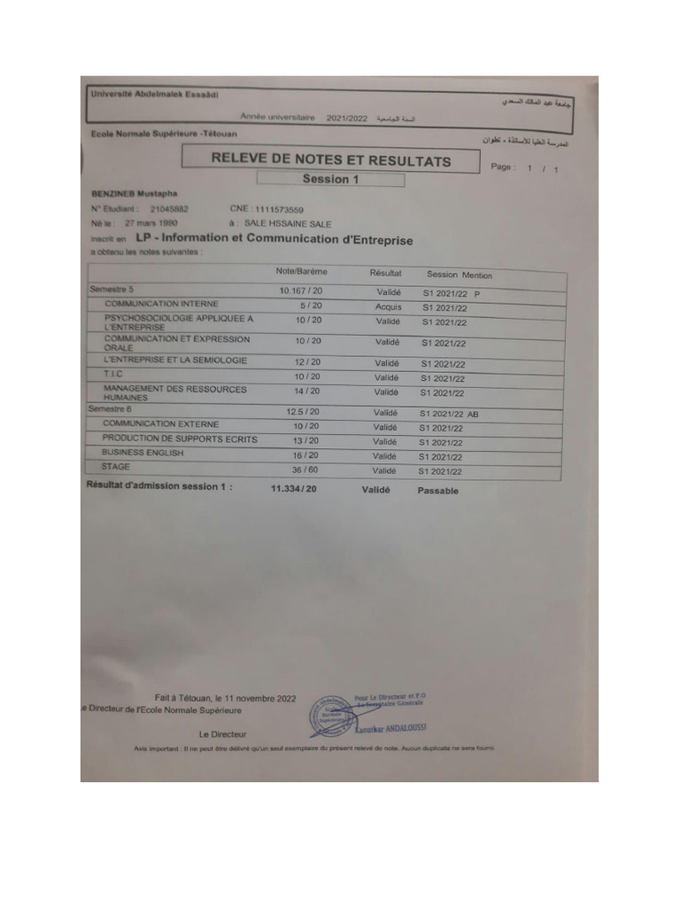 Releve de Notes | PDF