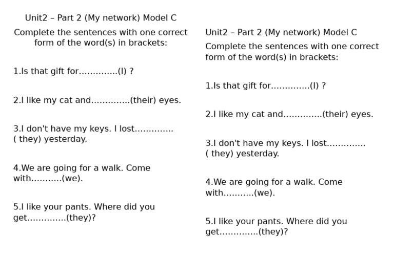 Sentence Completion Exercise: Pronouns | PDF | Games & Activities