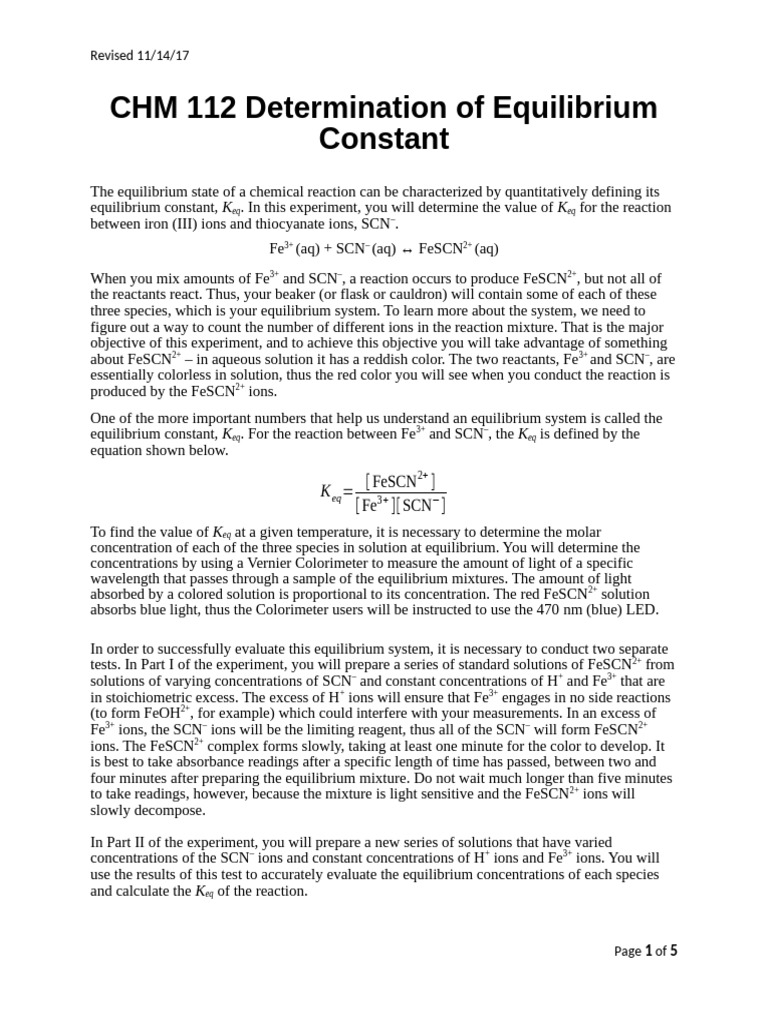 CHM 112 Determination of Equilibrium Constant-1-2 | PDF | Chemical ...