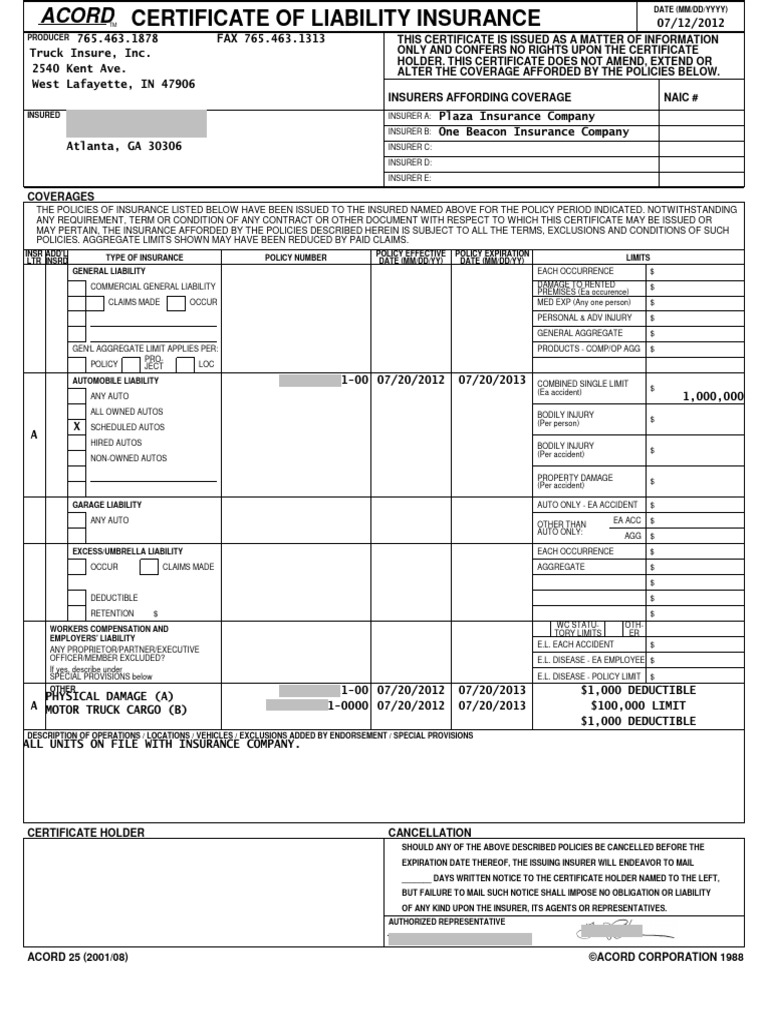 InsuranceCertificateAcordformatSample 230513 185325 | PDF | Deductible ...