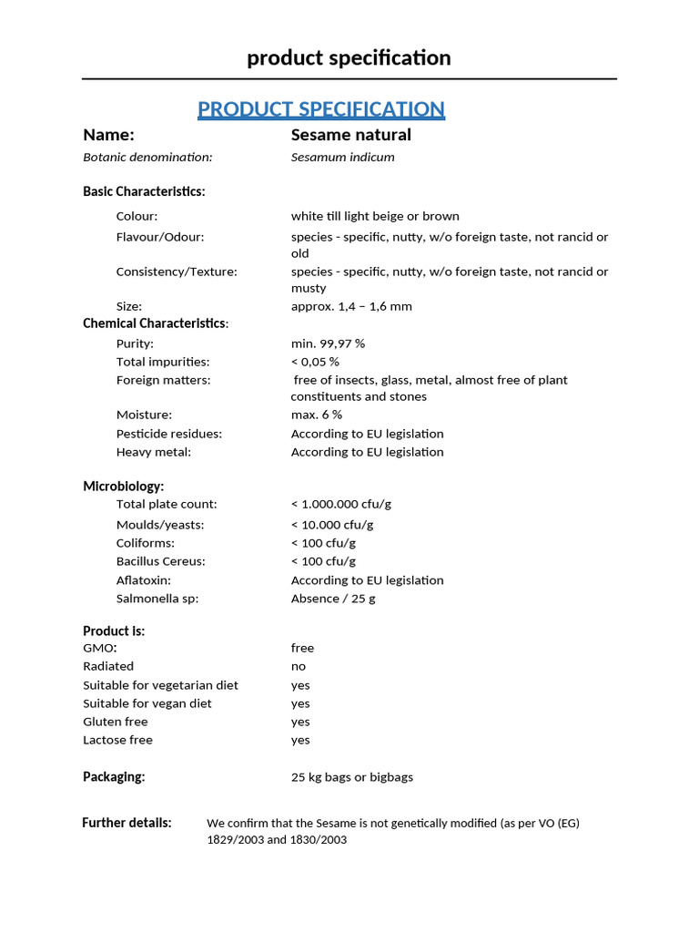 Specification Sesame Natural 99,97 2017 | PDF | Sesame | Vegetables