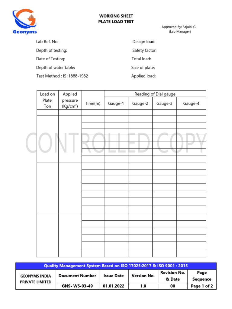 Plate Load Test Working Sheet | PDF