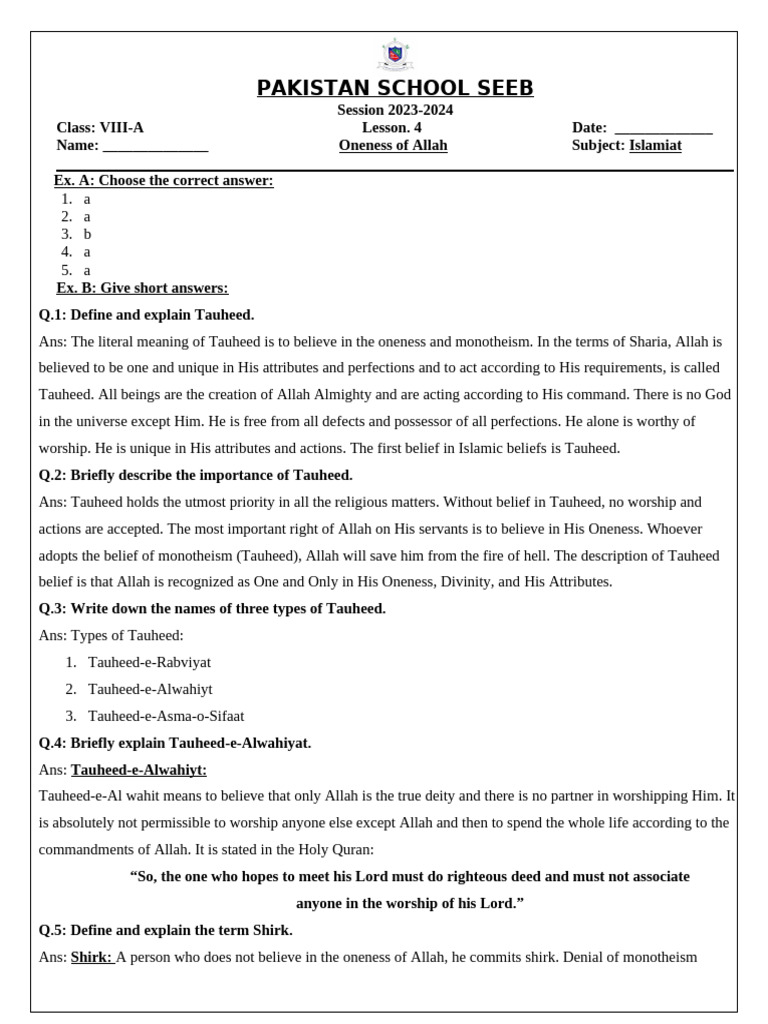 Class 8 Islamiat: Oneness of Allah Notes | PDF | Tawhid | God In Islam