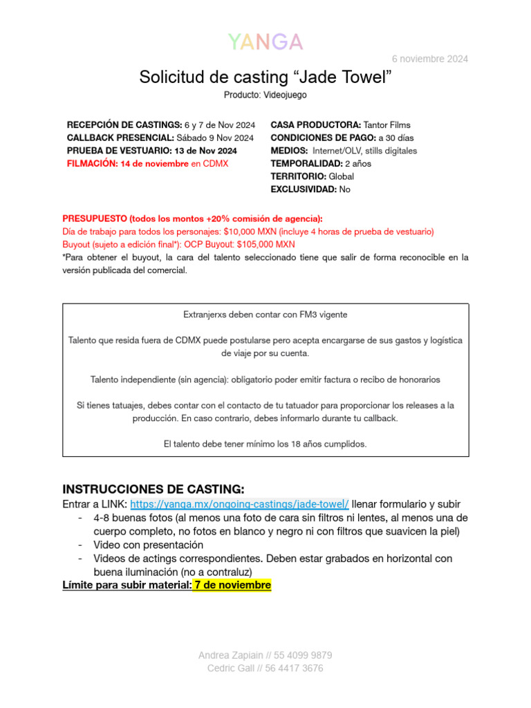 Jade Towel Casting Call | PDF