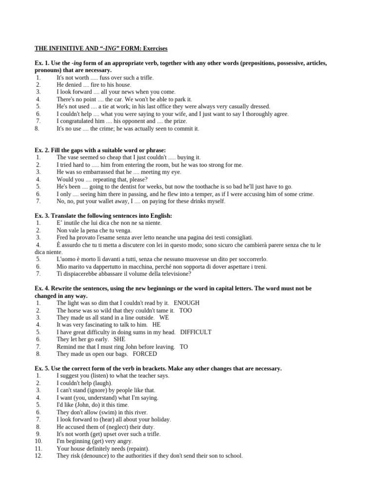 Infinitive and -ing Form Exercises | PDF | Grammar | Linguistic Morphology
