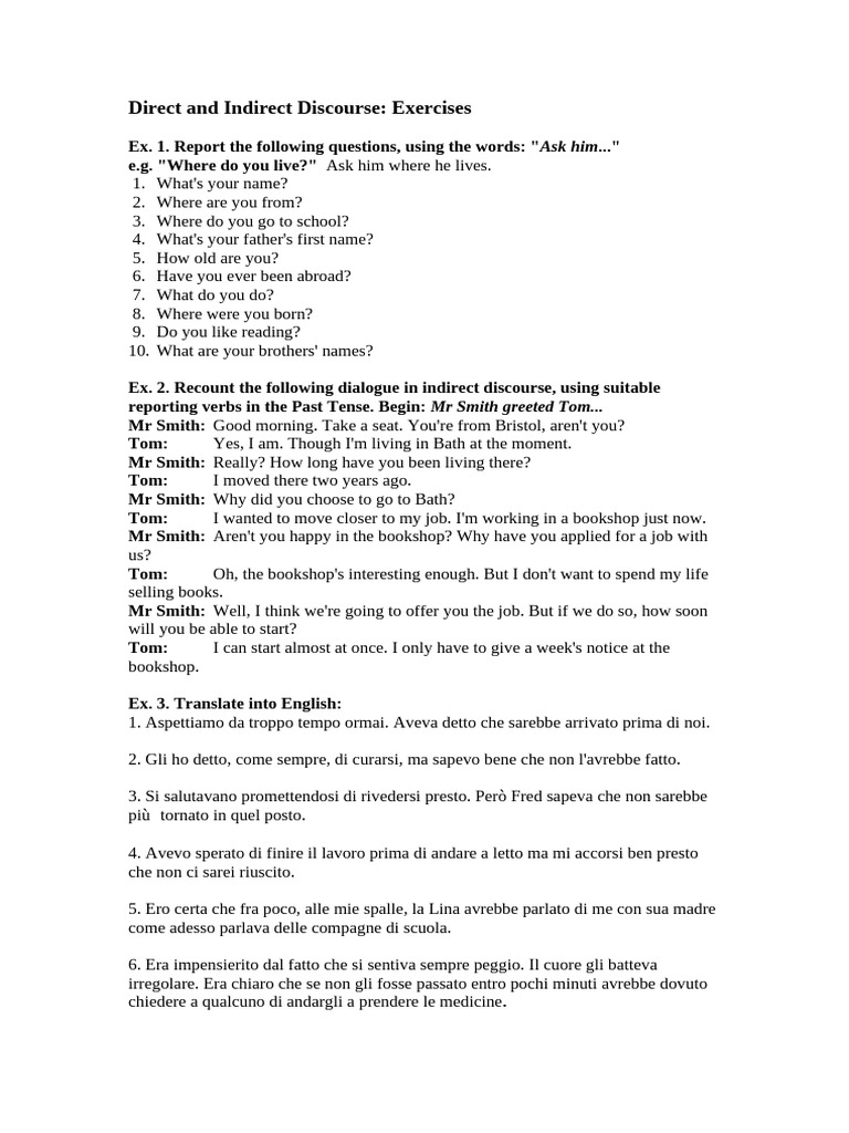 Direct and Indirect Discourse Exercises | PDF | Linguistic Morphology ...