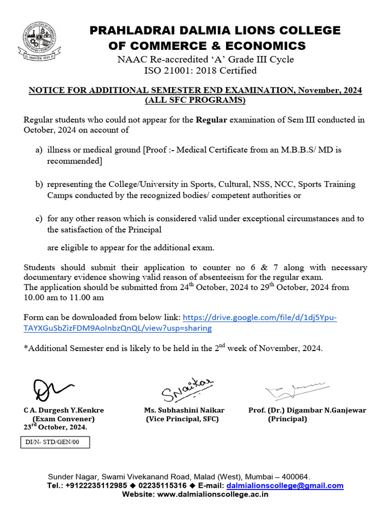 SFC Sy Semester III Reg Additional Notice 2024-25-21 | PDF