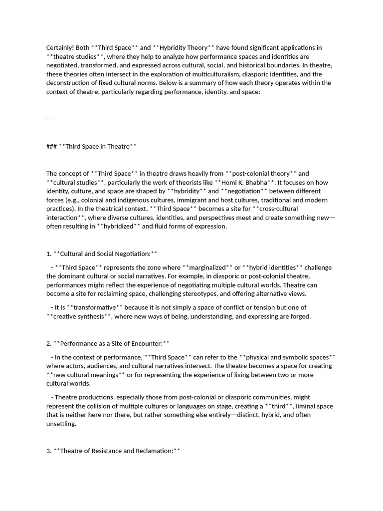 Third Space and Hybridity in Theatre | PDF | Postcolonialism | Identity ...